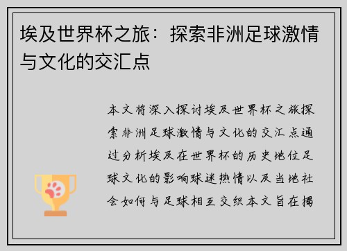 埃及世界杯之旅：探索非洲足球激情与文化的交汇点